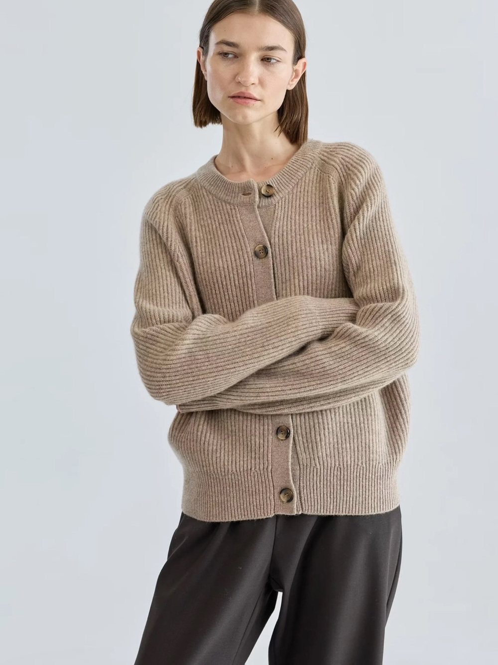 Almia Beige Ribbed Button-Front Cardigan